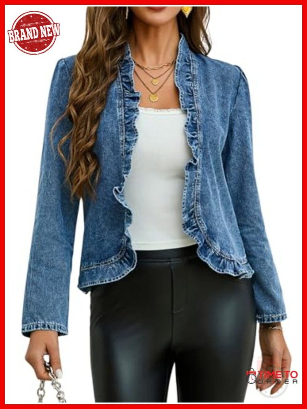 Ruffled Denim Jacket Long Sleeve Open Front Cropped Trendy Coat